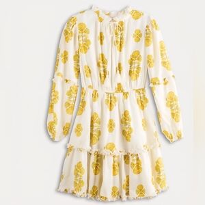 MNK White & Yellow Floral Tiered Long-Sleeve Dress | Size Large - NWT
